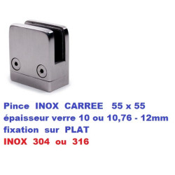 Pince verre INOX CARREE avec BUTEE fixation sur PLAT
