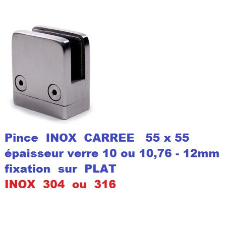 Pince verre INOX CARREE avec BUTEE fixation sur PLAT