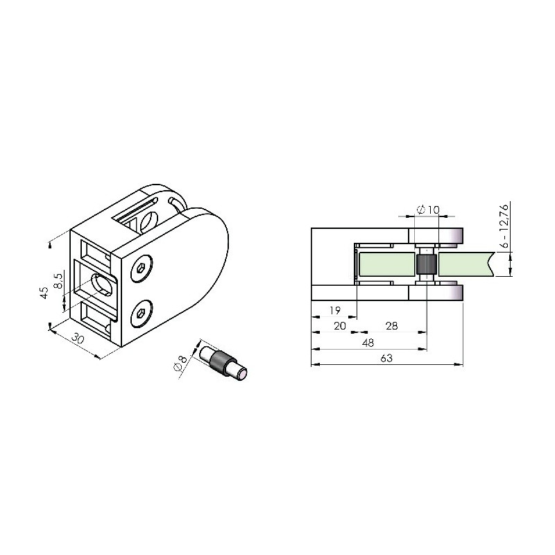 Pince verre INOX fixation SUR PLAT